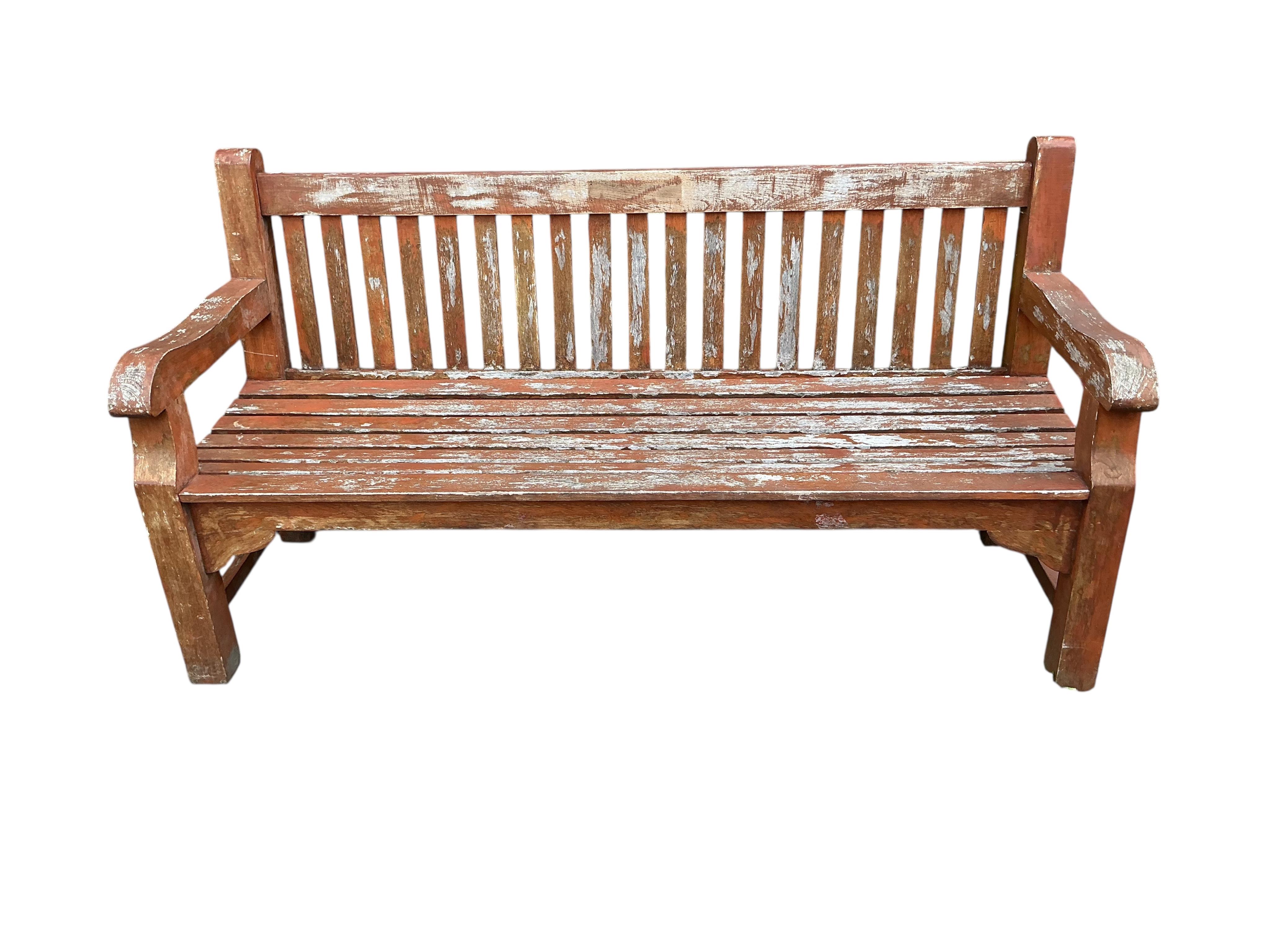 A Lindsey weathered stained teak garden bench, width 180cm, depth 66cm, height 94cm